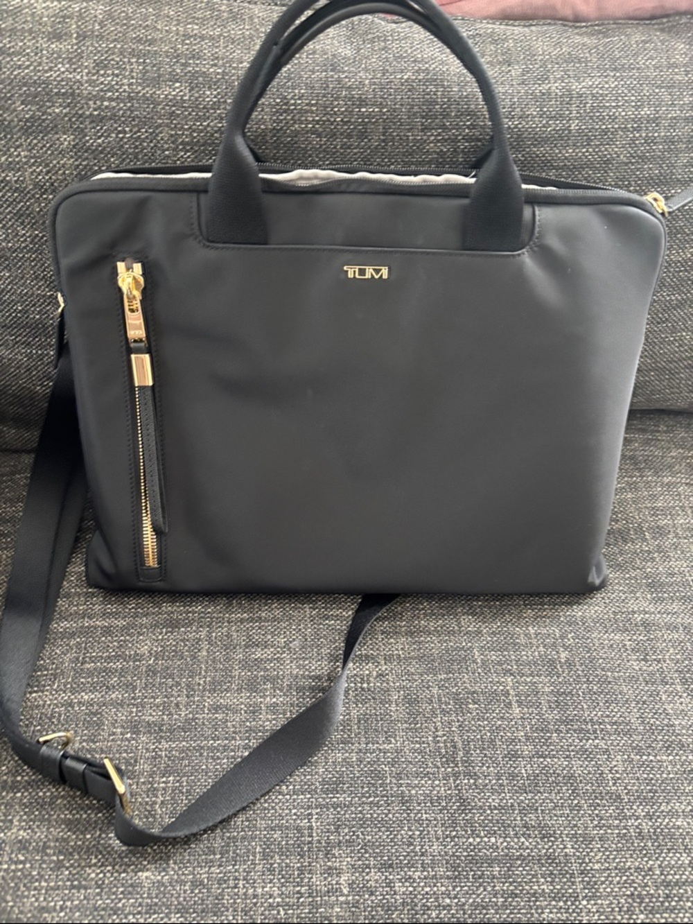 Tumi Benin Black Laptop Briefcase with Gold Accents